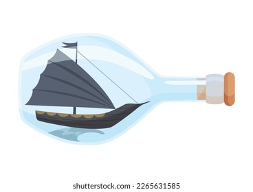 Ships in bottle. Glass with object inside. Miniature model of marine vessel. Hobby craft work and sea theme. Decorative marine souvenir, sailing craft