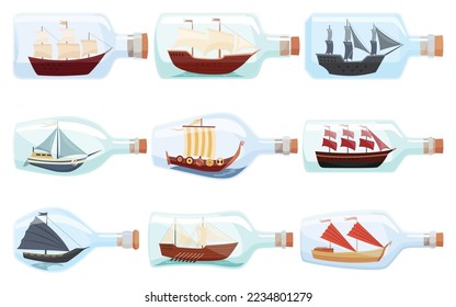 Ships in bottles. Set of glass with object inside. Miniature models of marine vessels. Hobby craft work and sea theme. Decorative marine souvenirs, sailing crafts