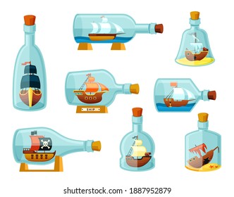 Ships in bottles set. Models of sailing ships locked in glassware pirate flagships and sunken corvettes with pouring gold caravels decoration game interface and design. Vector sea adventures.