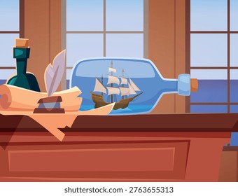 Ships cabin. captain ship interior with different marine attributes minifigure of ship in bottle