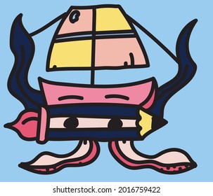 The ship's character design has tentacles.  Unique and funny mascot for marine business.