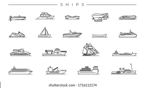 Ships concept line style vector icons set.