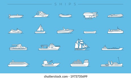 Ships concept line style vector icons set.