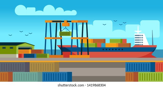 Ships in dock. Loading containers on cargo ship in seaport industrial terminal. Marine cargos transportation flat shipyard vector concept