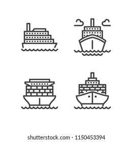 Ships flat line icons. Cargo shipping tanker, sea trip , marine transportation vector illustrations. Thin signs for ocean cruise.