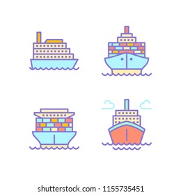 Ships flat line icons. Cargo shipping tanker, sea trip , marine transportation vector illustrations. Thin signs for ocean cruise.