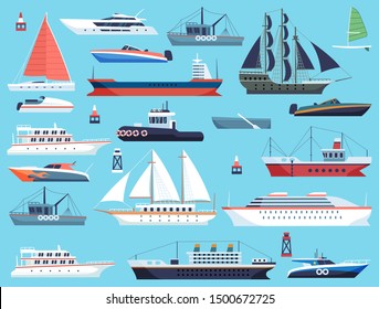 Ships in harbor. Shipping speedboating cruiser and sailboat, isolated vector flat sea marine travel system commercial transport set