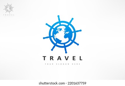 Ship's helm and planet map logo vector.