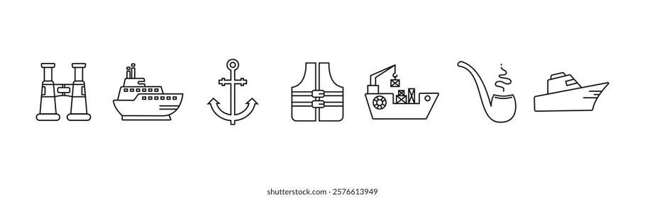 Ships icons. Simple Set of Travel by Sea Related , cargo transportation by water. Vector Line Icons black on white background. Contains such Icons as Port, Cruise Liner, anchor, smoking pipe EPS 10