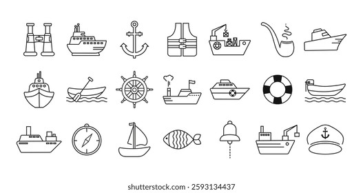 Ships icons. Simple Set of Travel by Sea Related , cargo transportation by water. Vector Line Icons black on white background. Contains such Icons as Port, Cruise Liner, anchor, smoking pipe. EPS 10