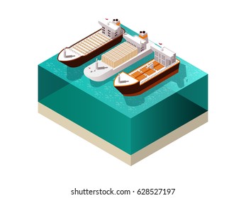 Ships isometric set with three heavily laden cargo boat vessels with shadows on sea water surface vector illustration