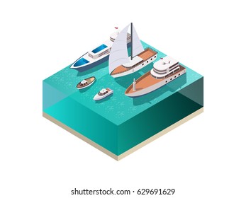 Ships isometric set with water surface and various vessels including wind-driven yacht and motor boats vector illustration