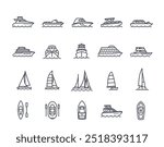 Ships line icons set. Simple symbols with yacht, kayak, inflatable boat, sailboat and motor ship. Sea transport. Editable stroke. Outline vector illustration collection isolated on white background