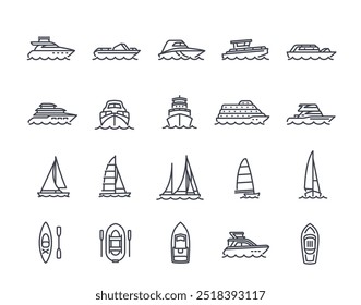 Ícones de linha de remessa definidos. Símbolos simples com iate, caiaque, barco inflável, veleiro e navio a motor. Transporte marítimo. Traçado editável. Coleção de ilustrações de vetor de contorno isolada no plano de fundo branco