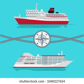 Ships and long ropes, with compass at centerpiece, transports and yachts, for comfortable trips and voyage, vector illustration, isolated on blue