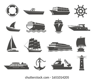 Ships or marine vessel icons. Collection of maritime transportation and seafaring symbols or signs - cruise yacht, trawler, lifebuoy, sailboat, anchor, lighthouse. Monochrome vector illustration.