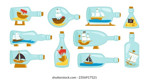 Ships miniature inside transparent glass bottles isolated creative nautical souvenir set on white background. Decorative handmade marine vessel model. Vector illustration sailing crafts hobby