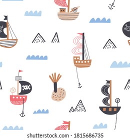 Ships in the ocean. Childish seamless pattern. Creative texture for fabric, wrapping, textile, wallpaper, apparel. Vector illustration.