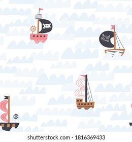 Ships in the ocean. Cute seamless pattern. Creative texture for fabric, wrapping, textile, wallpaper, apparel. Vector illustration.