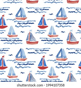 Ships on the waves, nautical style, repeatable pattern for textiles, wallpaper. Seamless print.