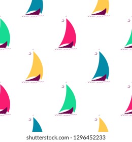 Ships on the waves in the sea seamless pattern. Nautical background with multicolored sailing boats