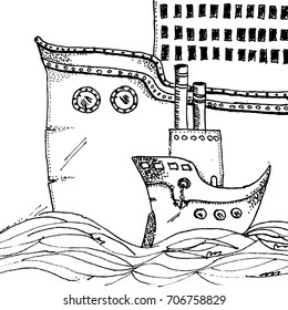 Ships on the waves - vector drawing