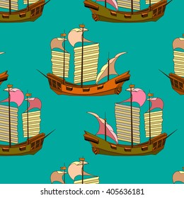 ships oriental pattern vector on the green background