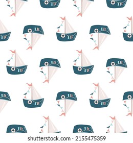 Schiffsmuster. Meeresthema. Ziehe Schiffe für Kindertextilien, Wallpaper.

