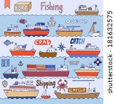 Ships in port doodle set. Vector illustration.