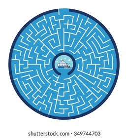 Ship's Round Maze Game (help the ship crew find way out of the maze - Maze vector puzzle)