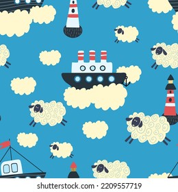 Ships sail across the sky among clouds and lamb. Children's print, vector patern
