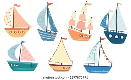 Ships and sailboats set. Isolated cartoon vintage wooden sail boat ship icon collection. Vector old nautical sailboat vessel and ocean travel concept