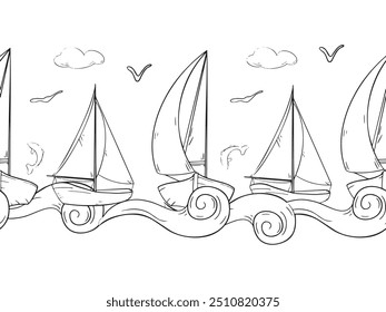 Ships sailing boat yacht vector graphic seamless banner. Various water transport on repeating texture of curly waves black and white outline. Sailing ships birds fish endless monochrome background