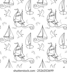 Ships sailing boat yacht vector graphic seamless pattern. Various water transport on repeating texture of curly waves black and white outline. Sailing ships birds fish endless monochrome background