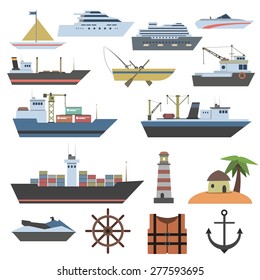 Ships and sailing vessels flat decorative icons set with marine symbols isolated vector illustration