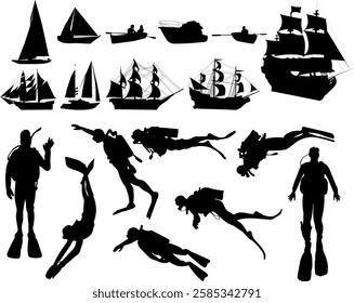 ships and scuba divers set silhouette on white background vector