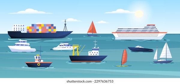 Buques en el mar. Boyas y yates con bandera bajo el agua. Transporte de carga y comercio internacional, importación y exportación de bienes, globalización. Viajes y aventuras. Dibujo vectorial plano de dibujos animados