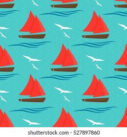 Ships at sea. The pattern is decorated with waves and seagulls.