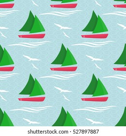 Ships at sea. The pattern is decorated with waves and seagulls.