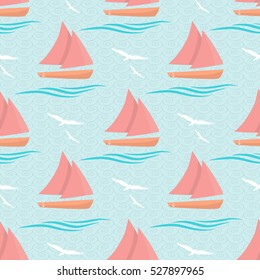 Ships at sea. The pattern is decorated with waves and seagulls.