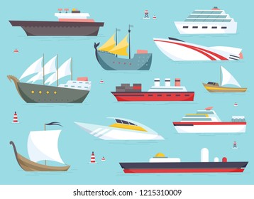 Ships at sea, shipping boats, ocean transport vector icons set
