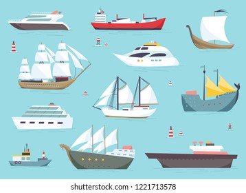 Ships at sea, shipping boats, ocean transport vector icons set