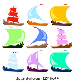 Ships at sea, shipping boats, ocean transport vector icons set