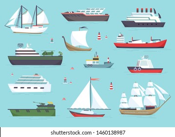 Juegos de iconos vectoriales de los buques en el mar, embarcaciones de transporte marítimo