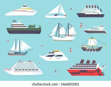 Ships at sea, shipping boats, ocean transport vector icons set