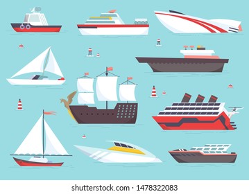 Ships at sea, shipping boats, ocean transport vector icons set