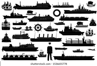 Ships at sea, shipping boats, ocean transport, cruise liner, large ferryboat, ships wheel, life buoy, harbor tug, trawler, tanker hover craft, hydrofoil, warships vector icons set isolated on white