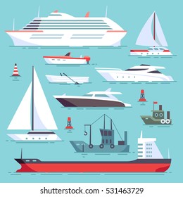 Ships at sea, shipping boats, ocean transport vector icons set