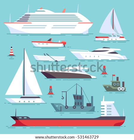 Ships at sea, shipping boats, ocean transport vector icons set