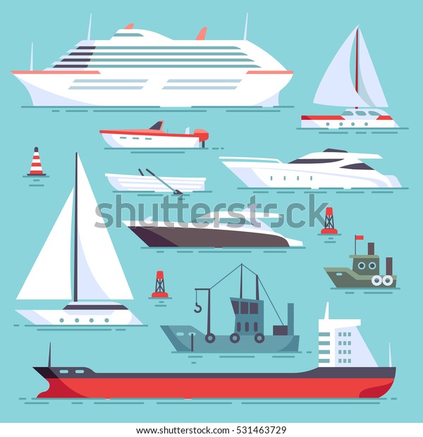 Ships at sea, shipping boats, ocean transport vector\
icons set
